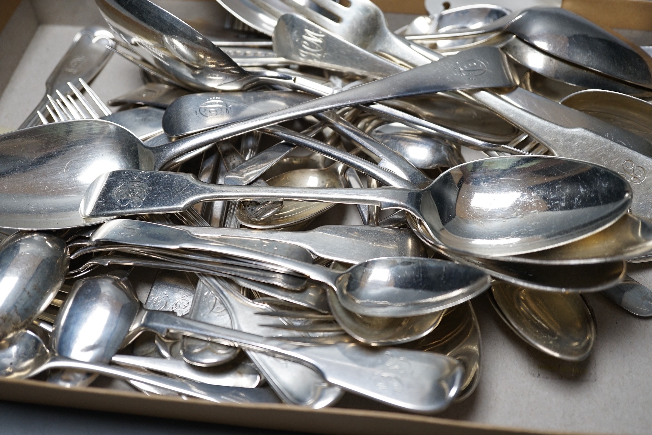 A quantity of assorted 19th century and later silver flatware, various patterns, dates and makers, including a set of eight modern silver teaspoons, by C.J Vander Ltd, London, 1977